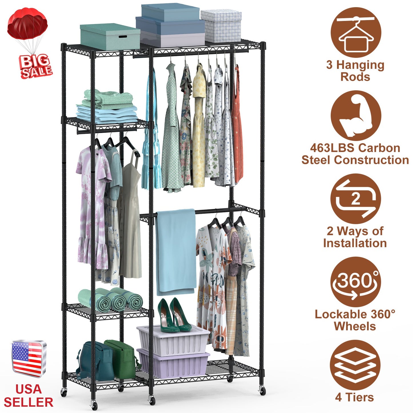4-Tier Heavy Duty Garment Rack with Wheels - 463 lbs Capacity