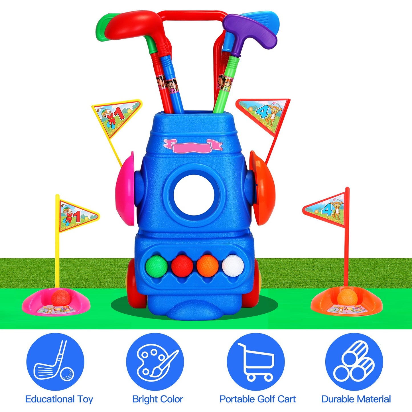 Toddler Golf Set with Cart, 4 Clubs, Balls & Flags