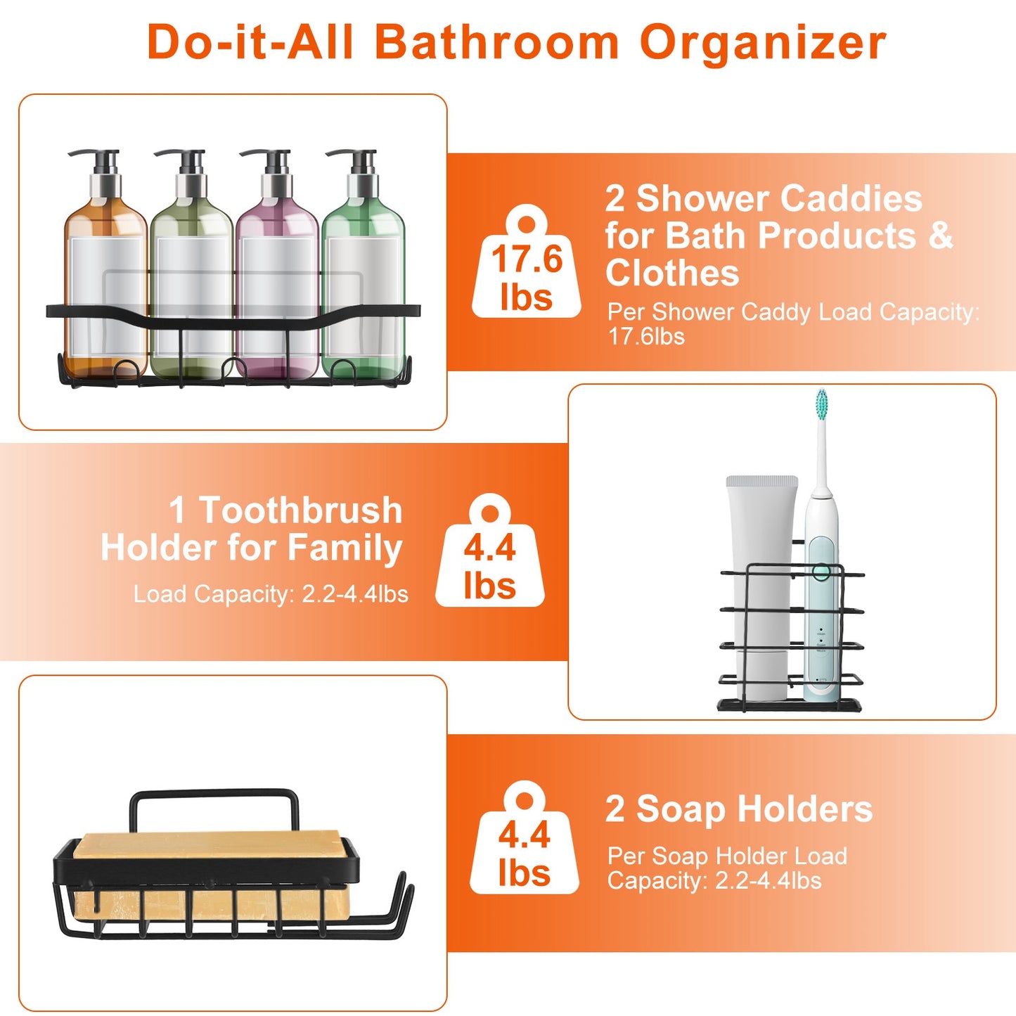 Shower Caddy 5-Piece Set with 18 Hooks - Adhesive Wall Mount
