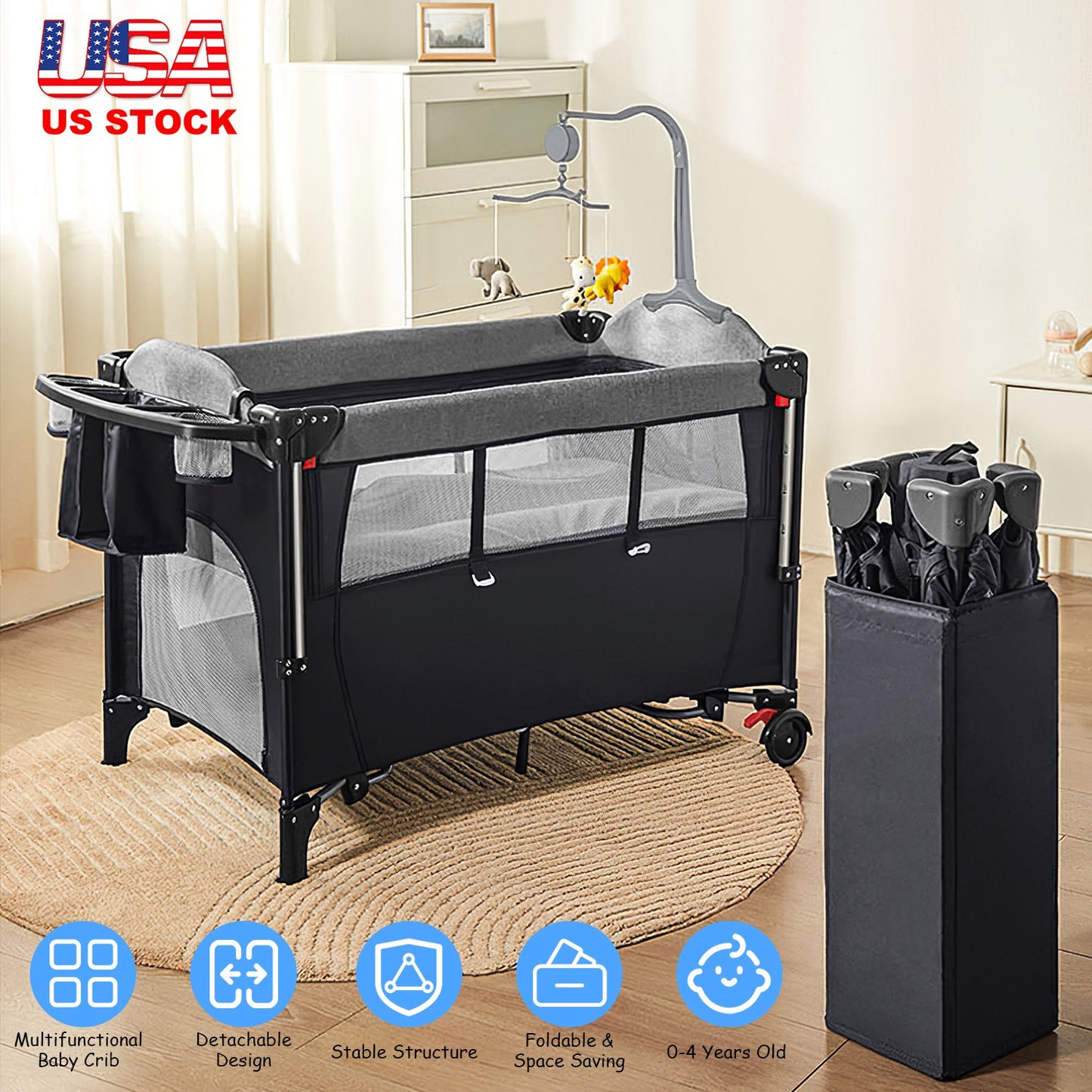6-in-1 Foldable Baby Crib with Changing Table & Activity Center