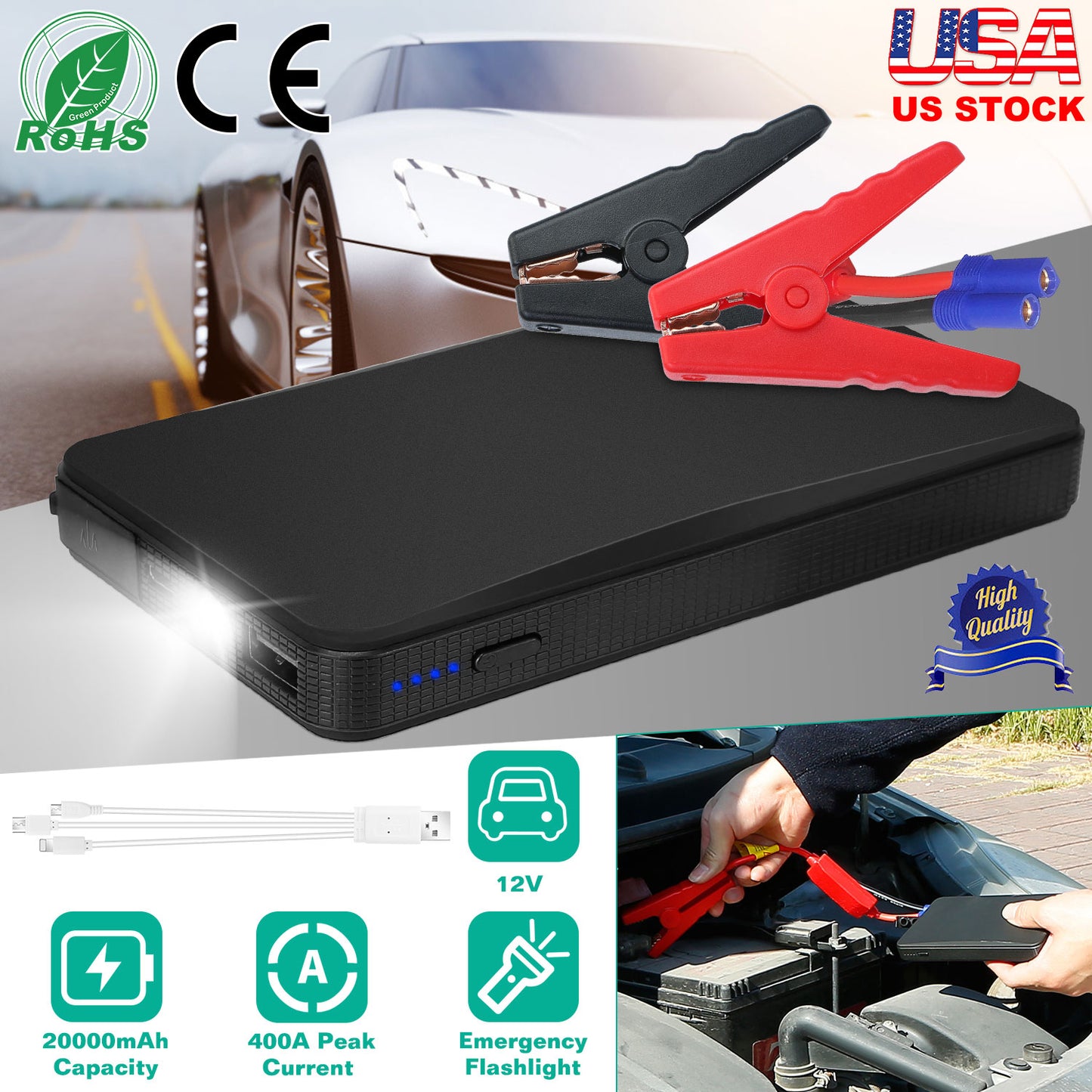 Car Jump Starter 400A Peak 20000mAh with LED Flashlight