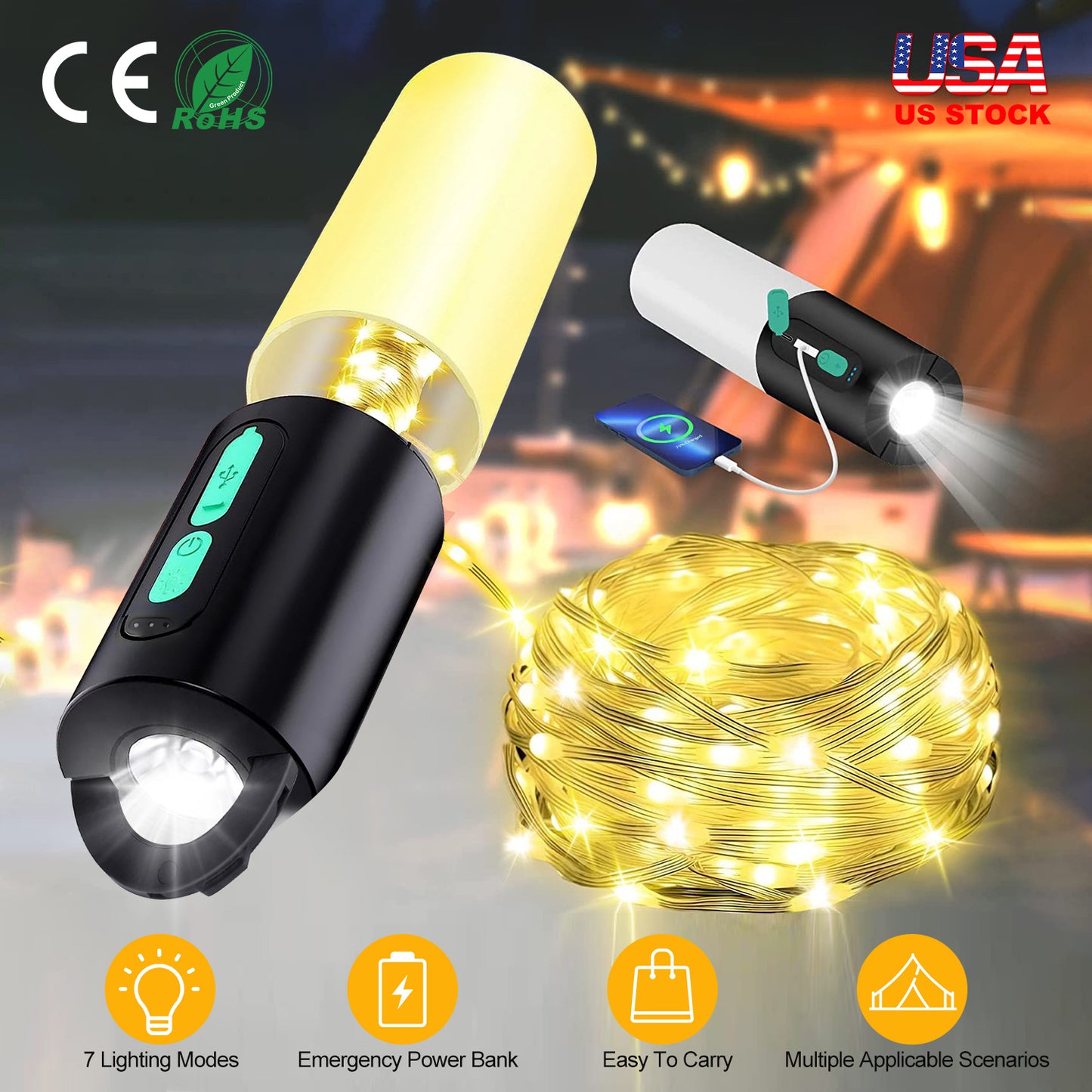 Rechargeable Camping Lantern with 33ft String Light & Power Bank