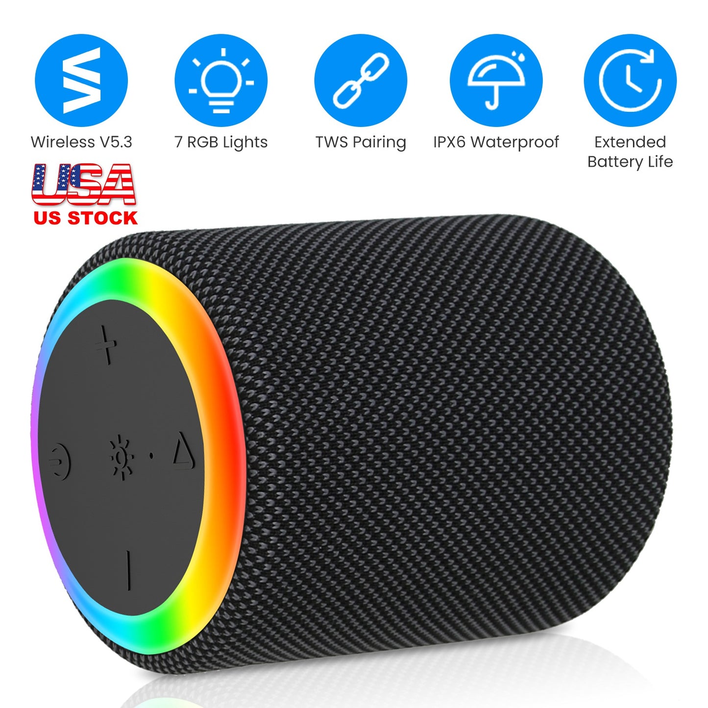 Portable Wireless Speaker with RGB Lights & IPX6 Waterproof