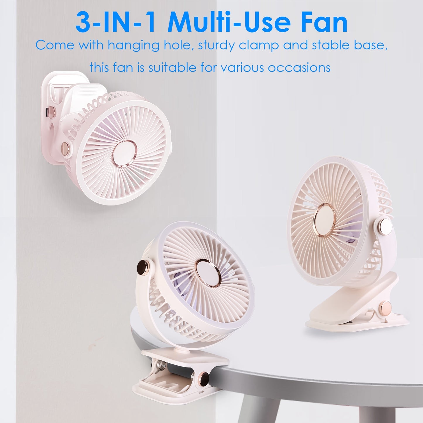 Clip-On Fan with 5 Speeds, LED Light & 720° Rotation