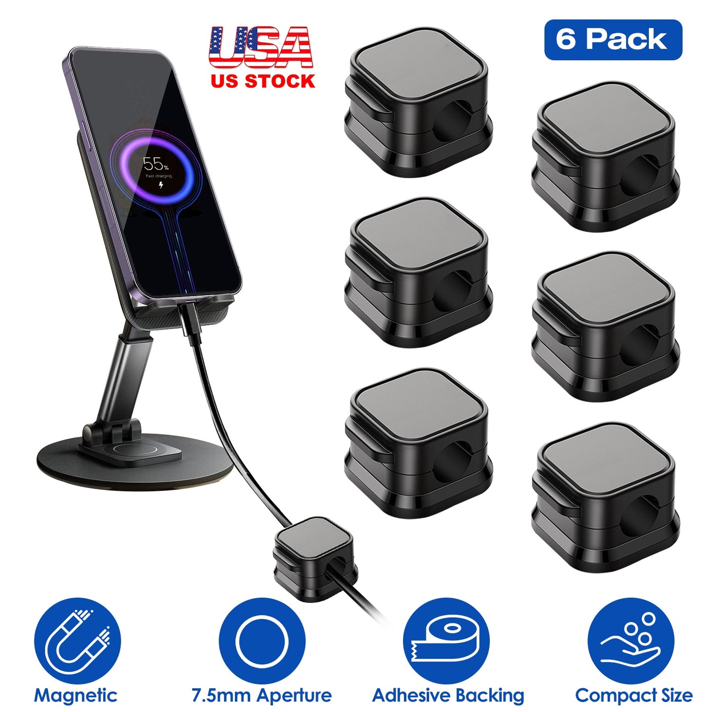 Magnetic Cable Clips 6-Pack - Adhesive Cord Organizer
