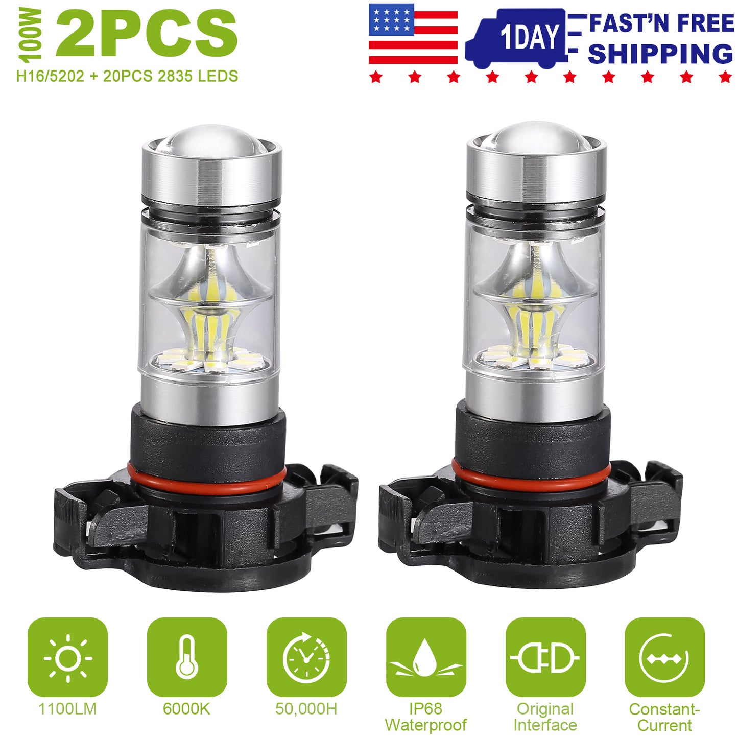 H16 5202 LED Fog Light Bulbs 6000K White 1100LM (2-Pack)