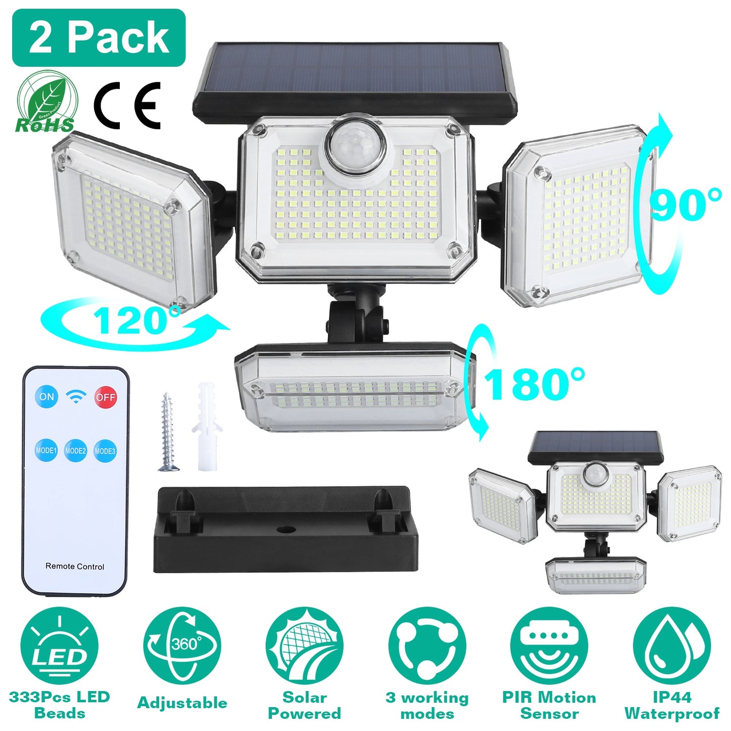 Solar Motion Sensor Wall Light 2-Pack with 333 LED Beads