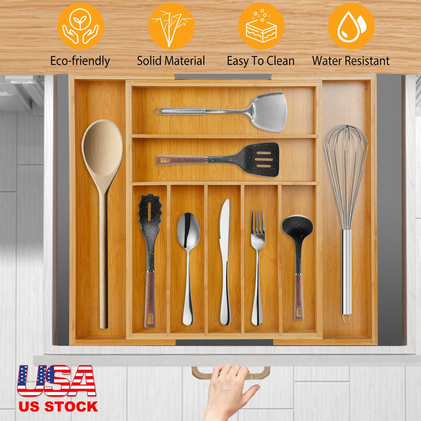 Expandable Bamboo Drawer Organizer with 9 Compartments