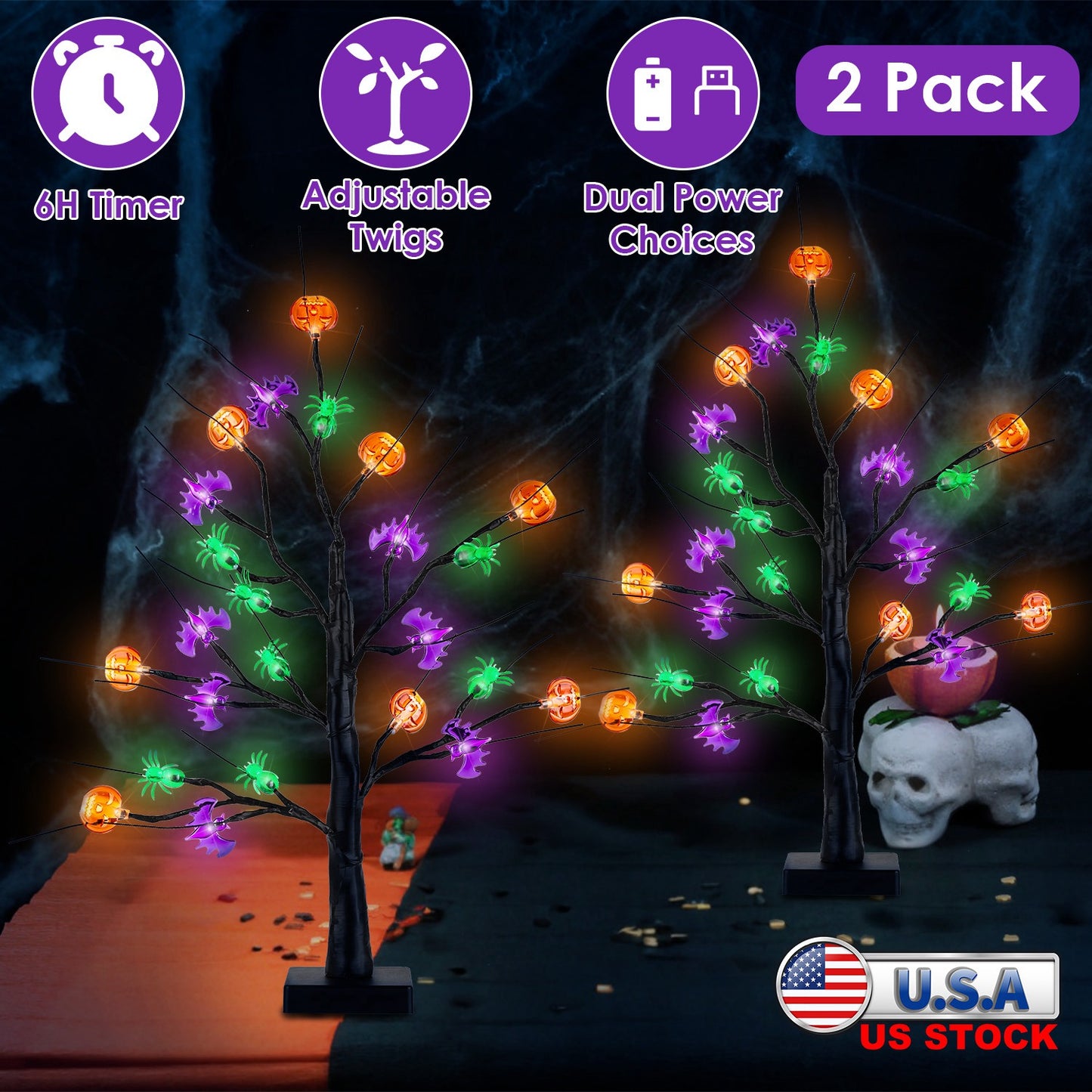 Lighted Halloween Tree 2-Pack with Timer & Adjustable Branches
