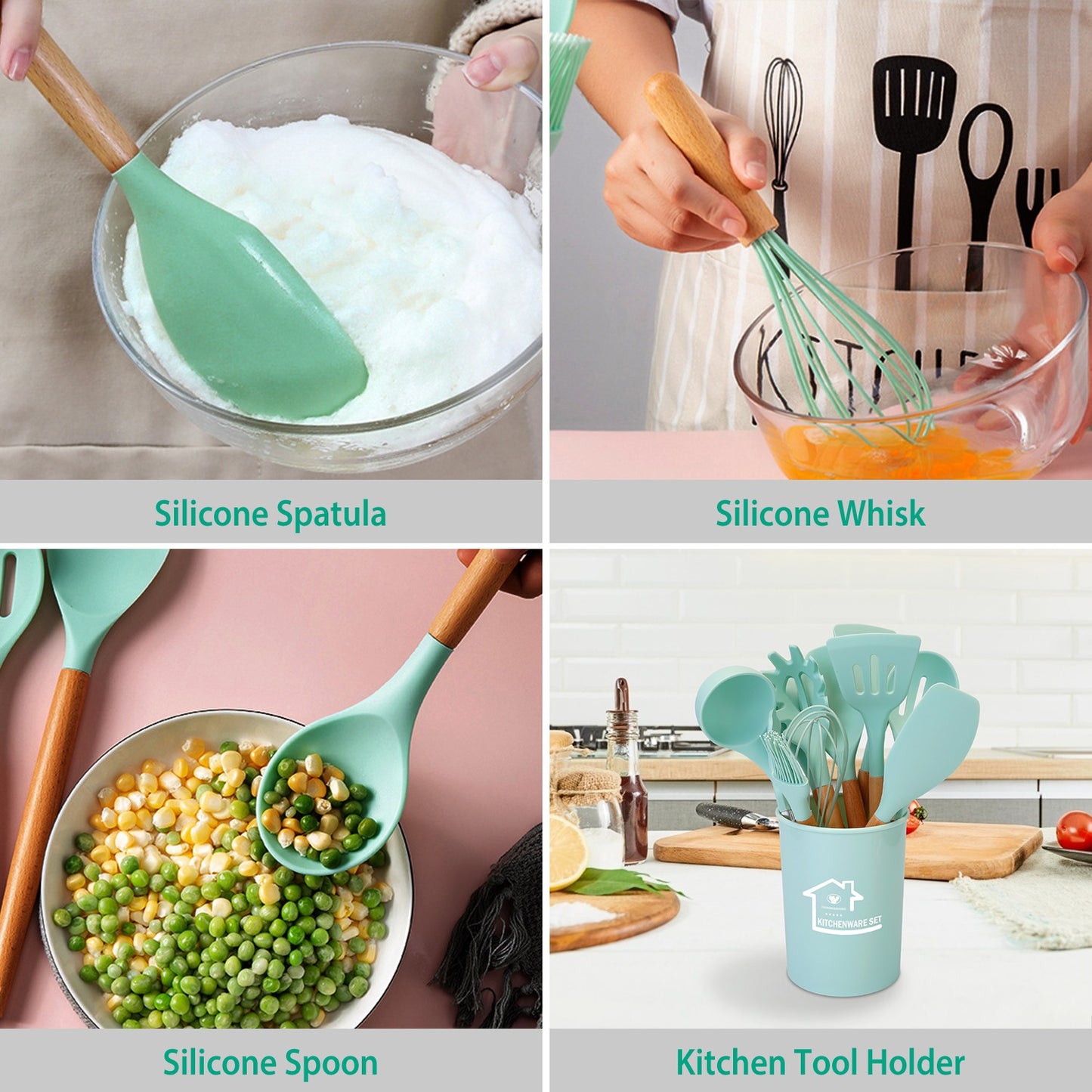 Silicone Cooking Utensil Set, 11-Piece with Wooden Handles