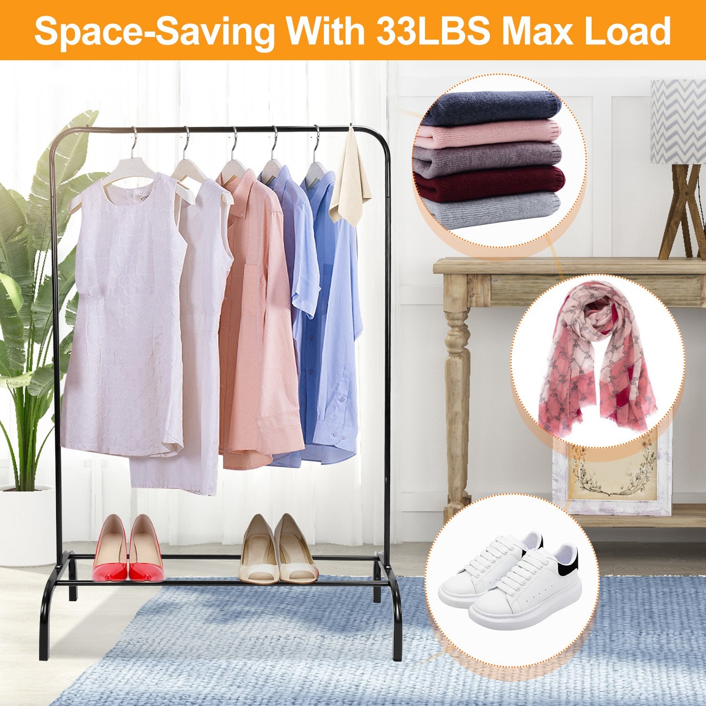 Freestanding Garment Rack with Bottom Shelf - 33 lbs Capacity