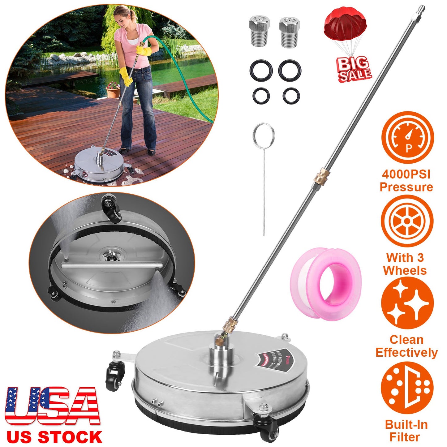 15" Pressure Washer Surface Cleaner 4000PSI with Wheels