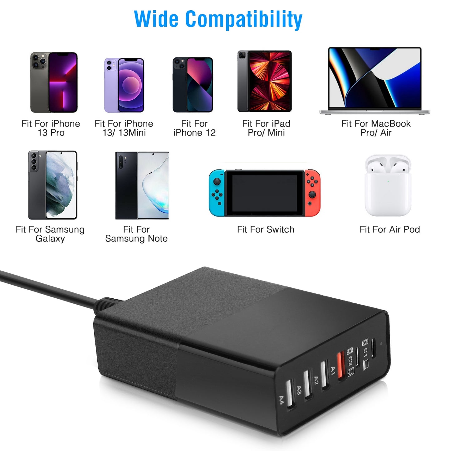 45W 4-Port USB Fast Charger with Type-C and USB-A Ports
