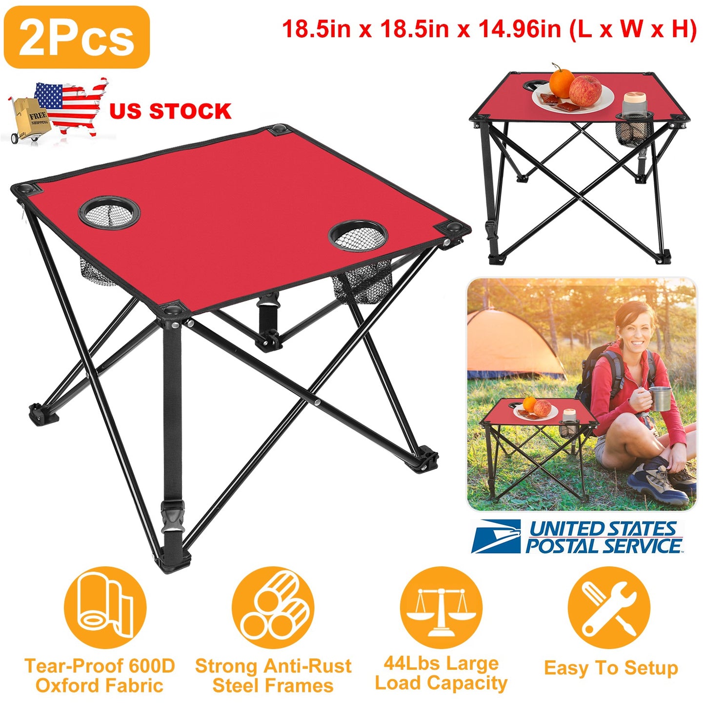 Foldable Camping Table with Cup Holders & Carry Bag (2-Pack)