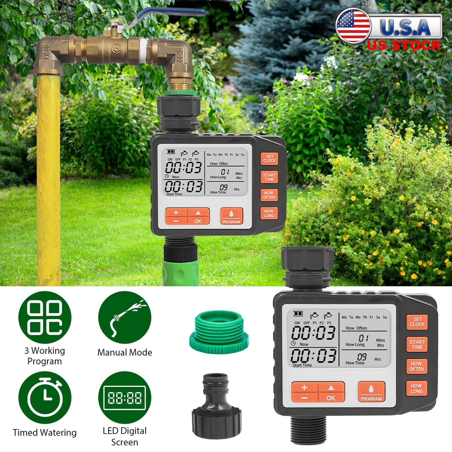 Sprinkler Timer with 3 Watering Programs and LED Display