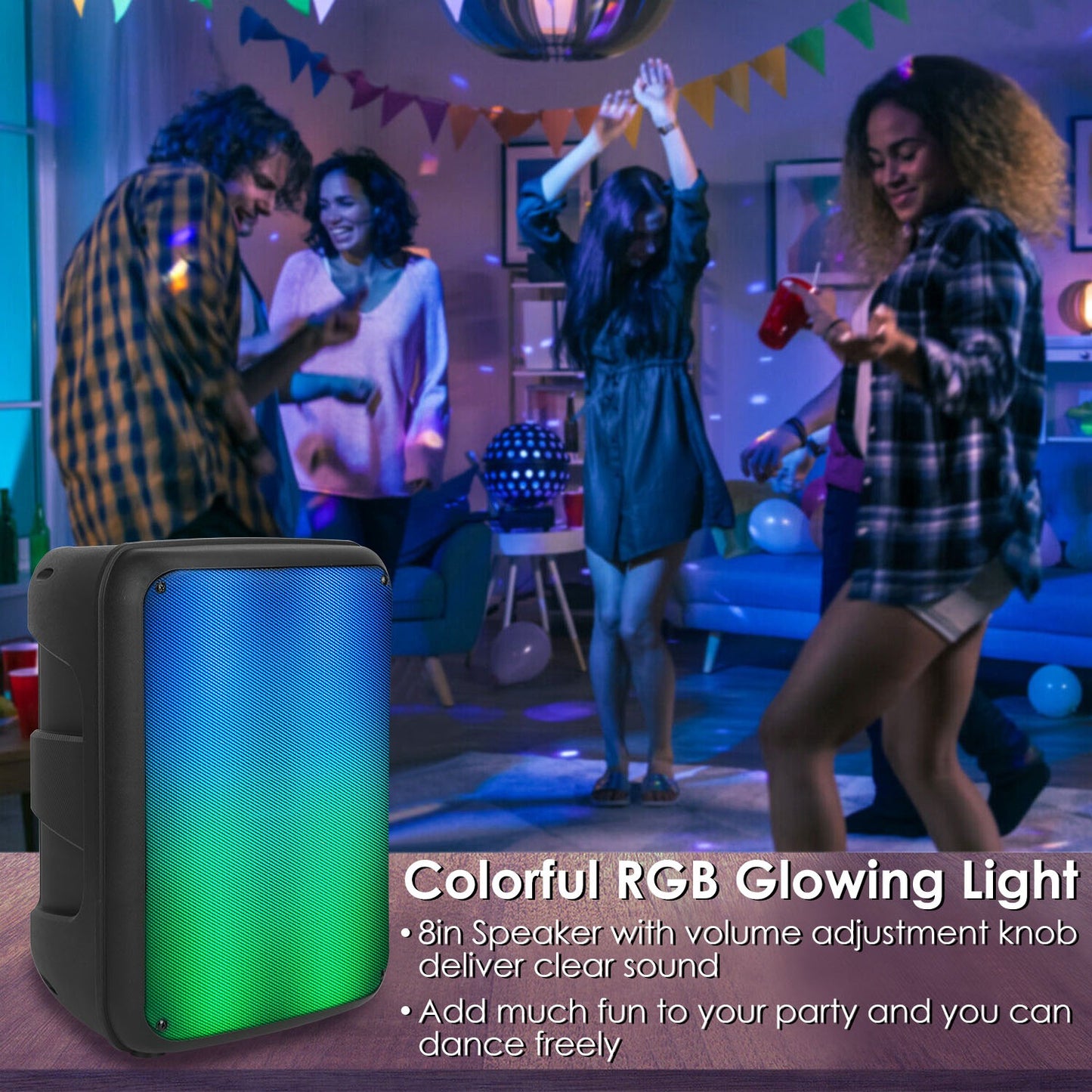 Portable Bluetooth Party Speaker 8" with RGB Lights & Karaoke