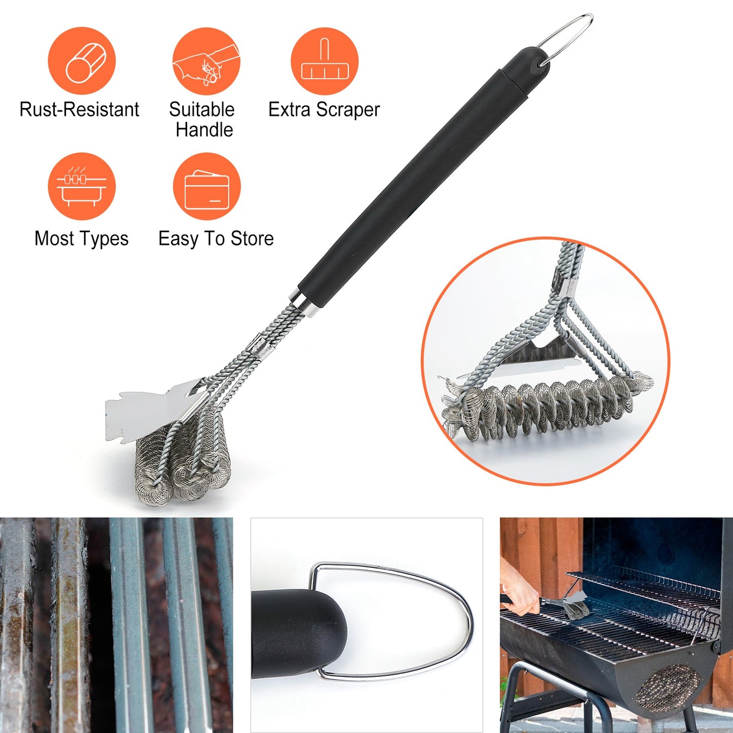 BBQ Grill Cleaning Brush with Scraper 16.5 Inch Handle