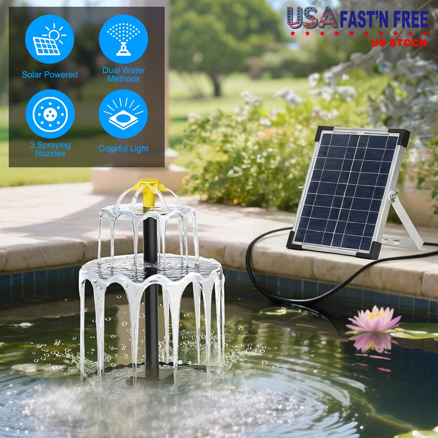 Solar Bird Bath Fountain with LED Lights & Battery Backup