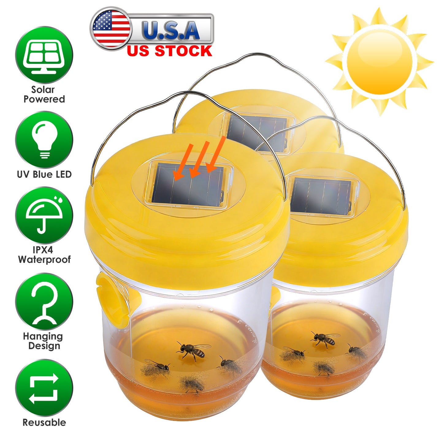 Solar Wasp Trap with UV Light - 3 Pack Outdoor Hanging