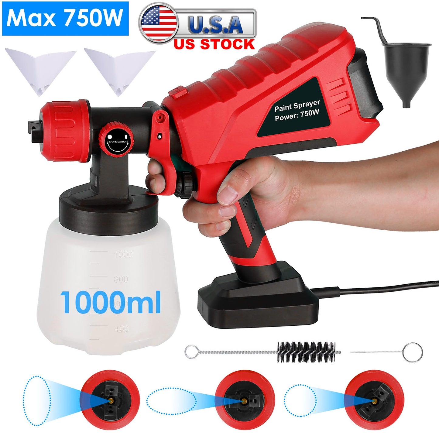 750W Electric Paint Sprayer with 3 Spray Patterns & 1000ML Cup