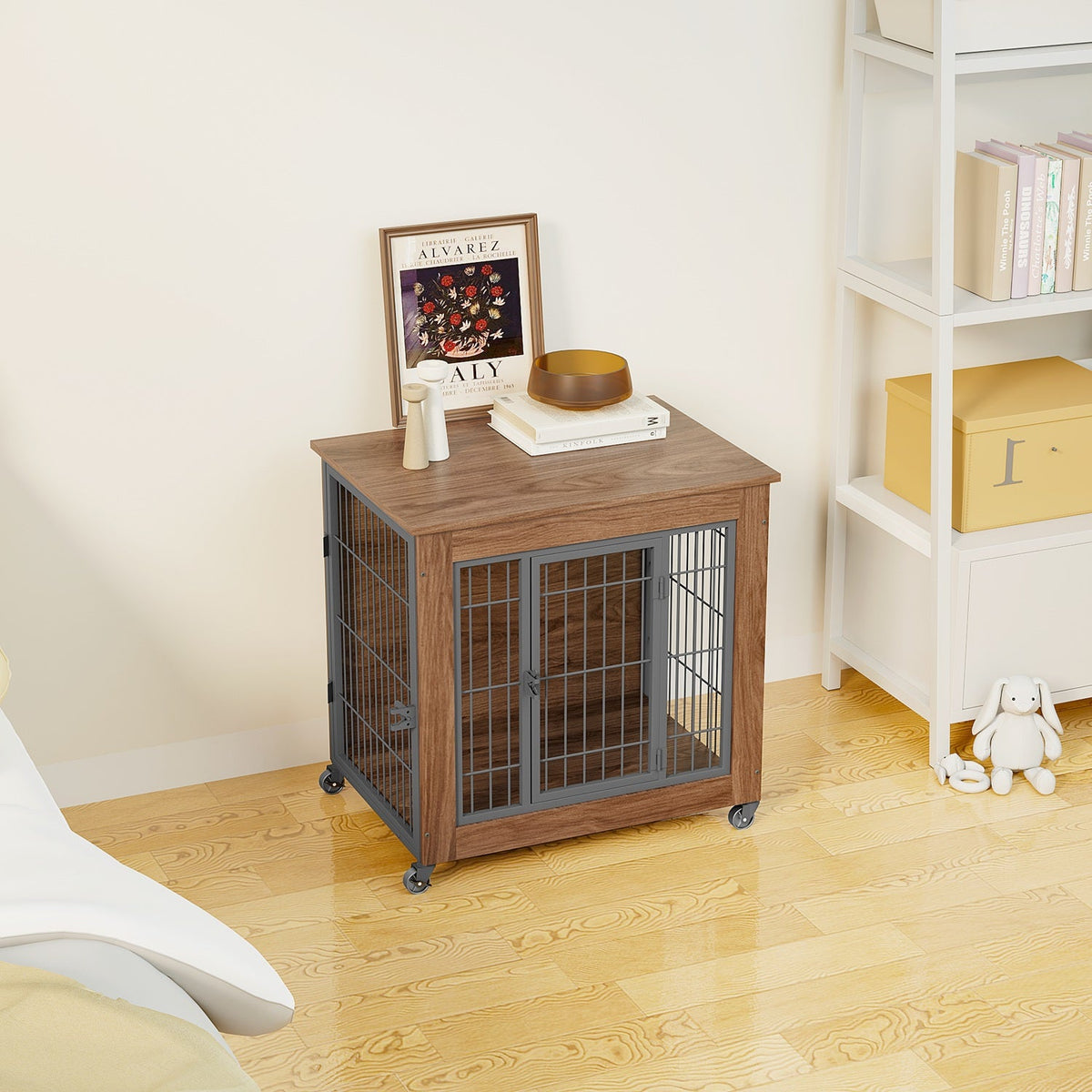 Dog Crate Furniture with Lockable Wheels & Dual Doors
