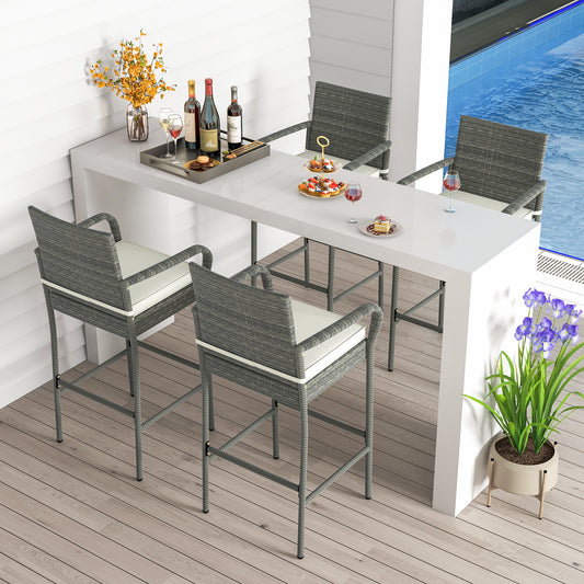 Outdoor Rattan Bar Stools Set of 4 with Cushions