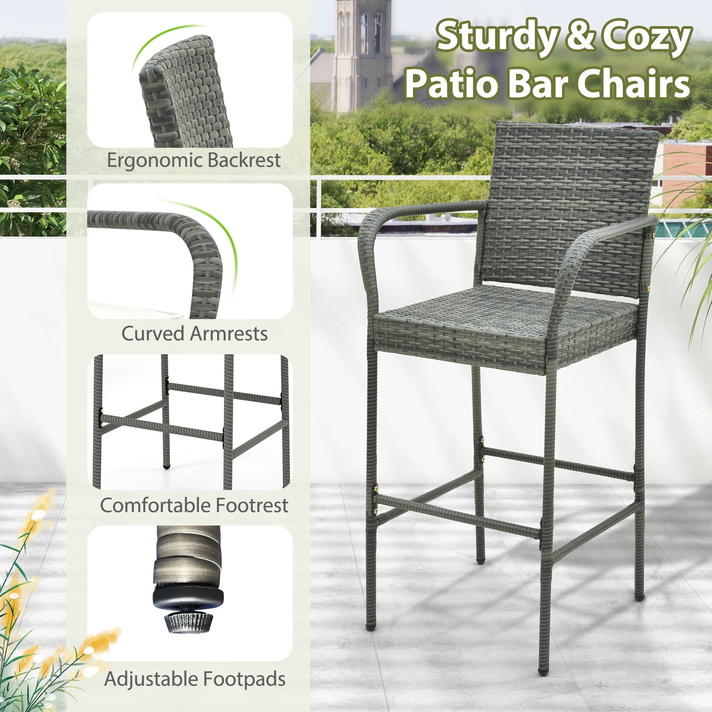 Outdoor Rattan Bar Stools Set of 4 with Cushions