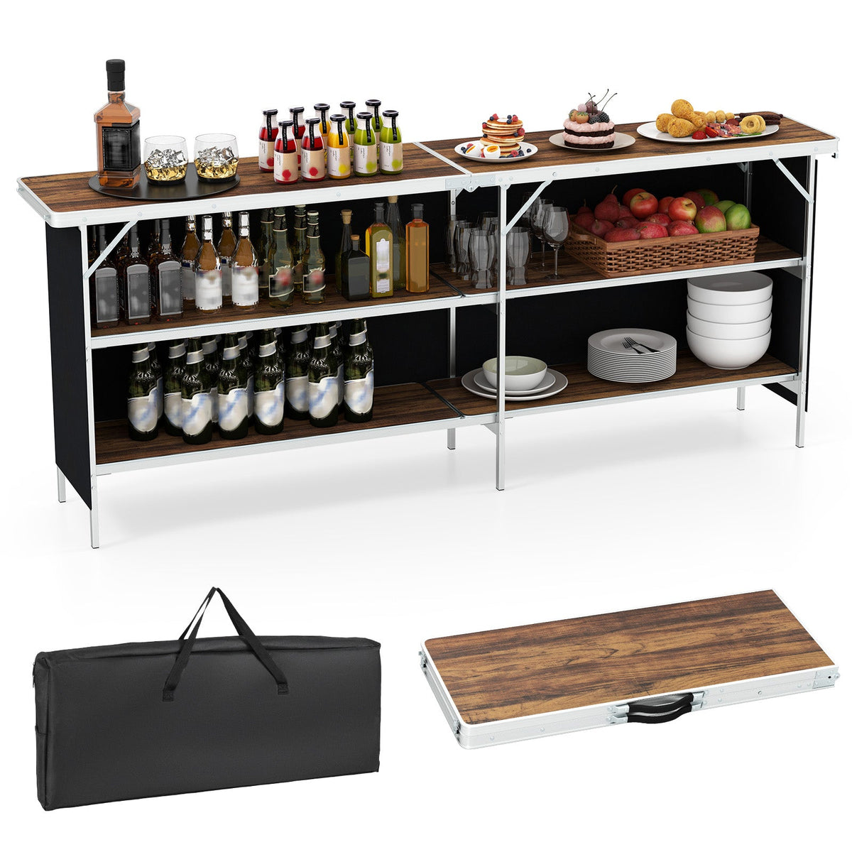 Aluminum Portable Picnic Table with 2-Tier Open Shelves and Spacious Tabletop