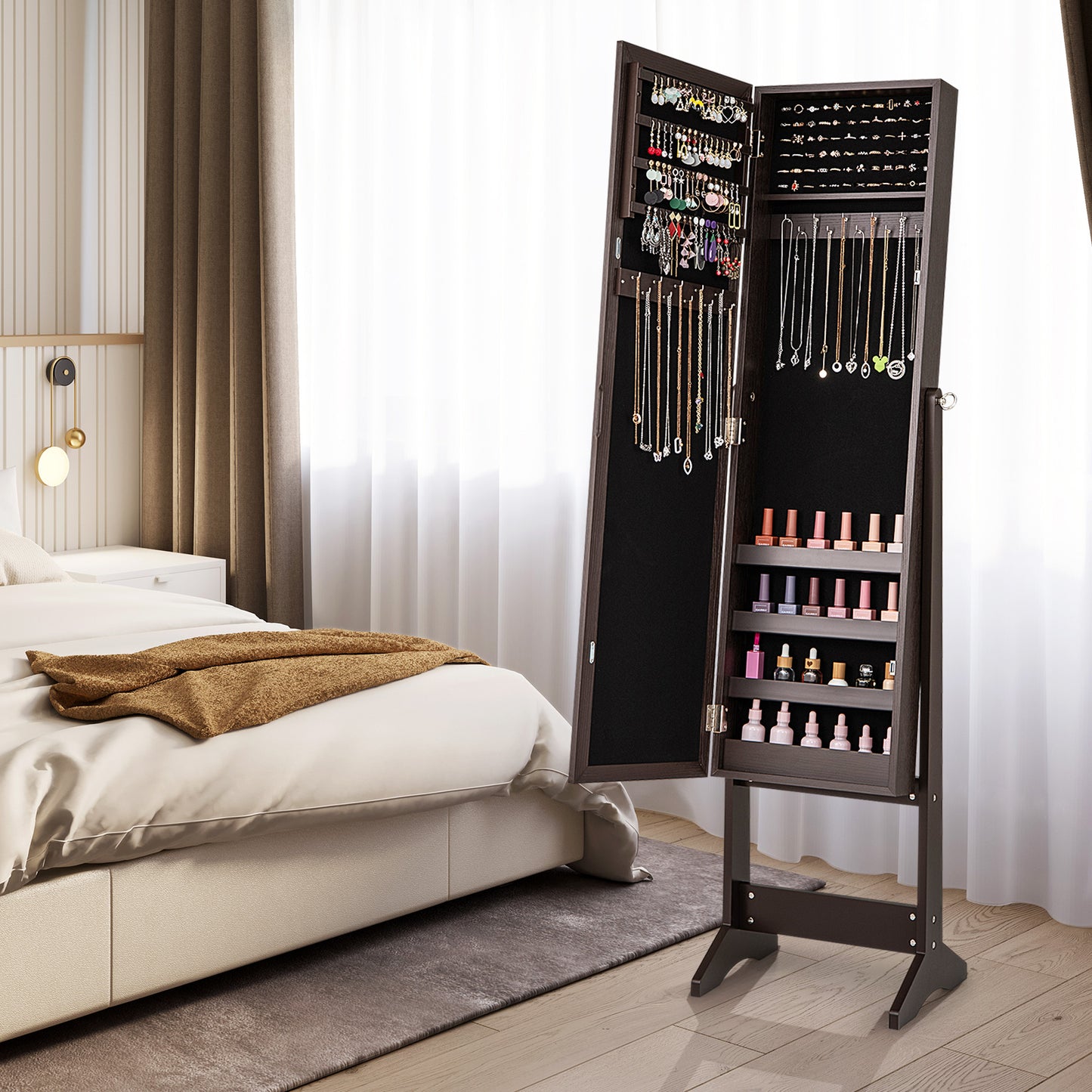 Standing Jewelry Cabinet with Mirror 56" Tall Storage Armoire