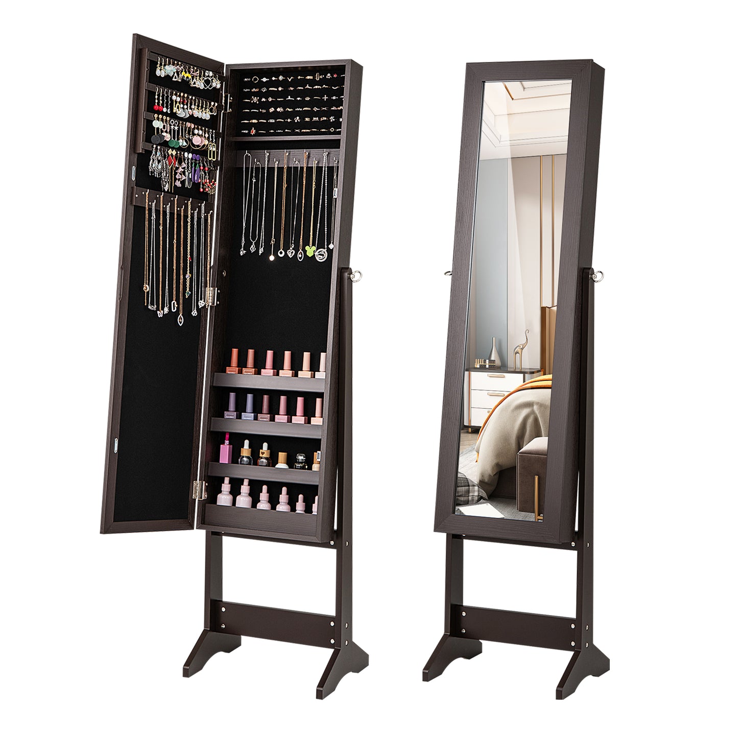 Standing Jewelry Cabinet with Mirror 56" Tall Storage Armoire