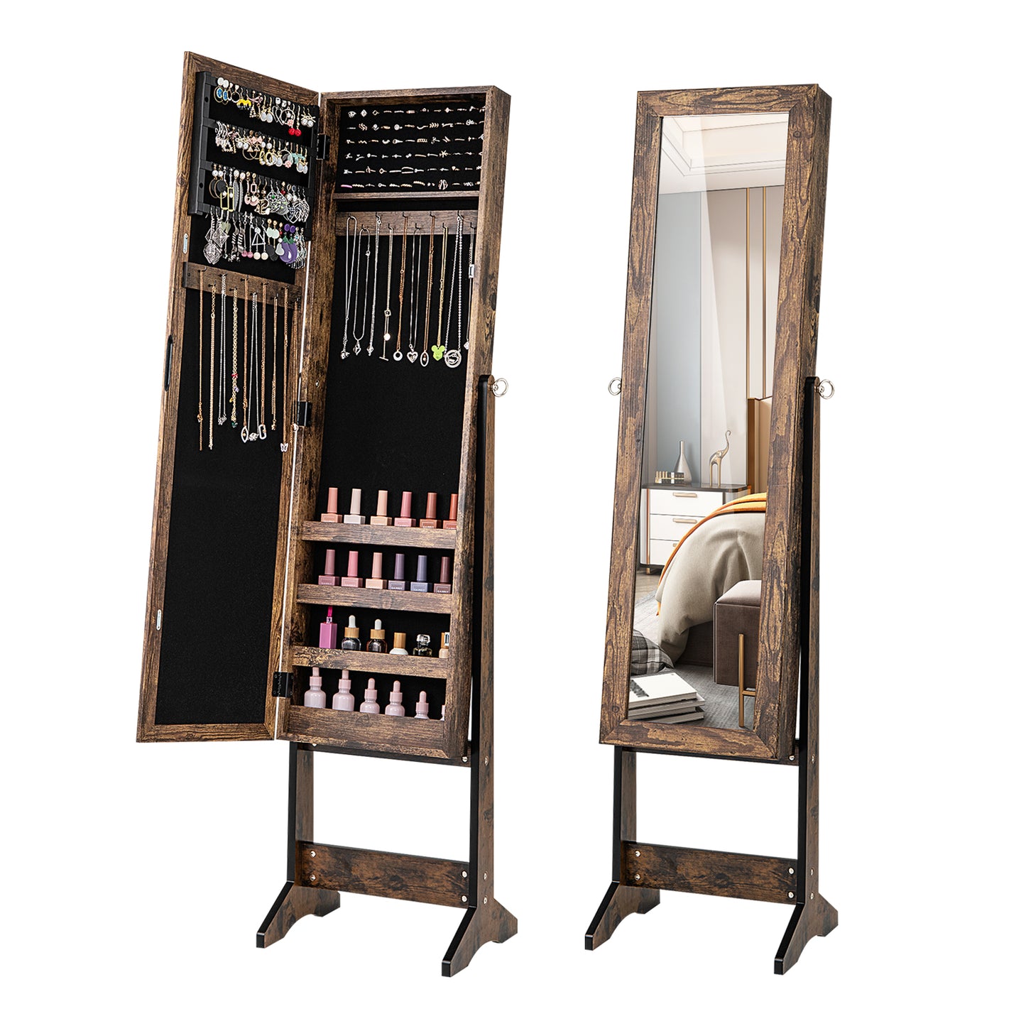 Standing Jewelry Cabinet with Mirror 56" Tall Storage Armoire