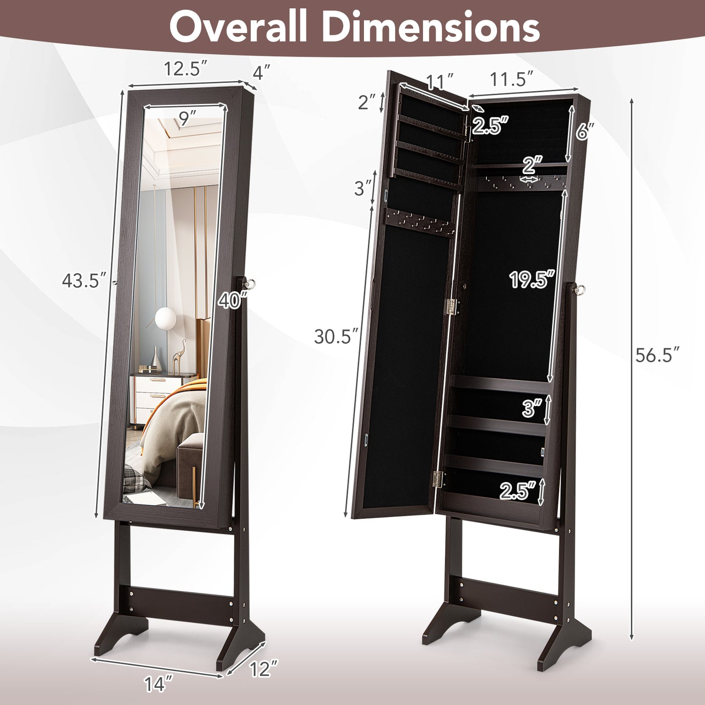 Standing Jewelry Cabinet with Mirror 56" Tall Storage Armoire