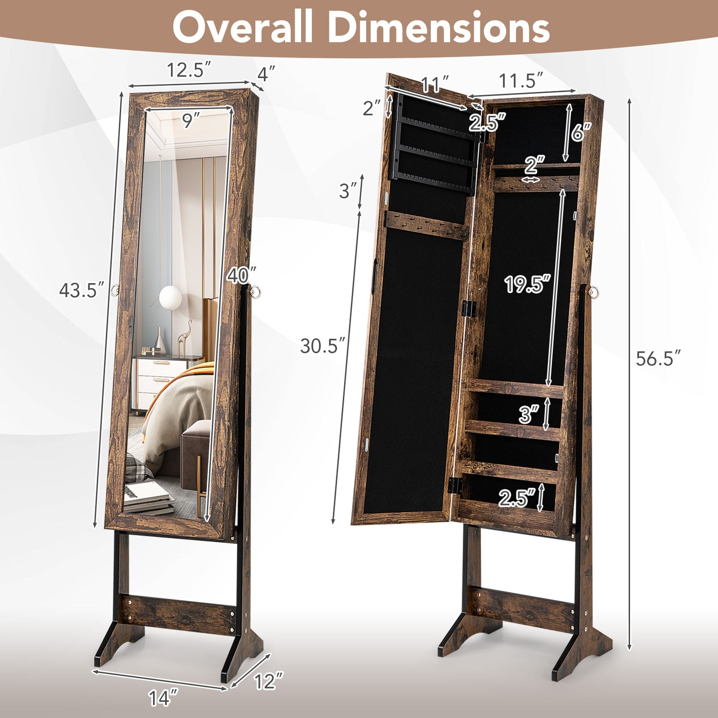 Standing Jewelry Cabinet with Mirror 56" Tall Storage Armoire