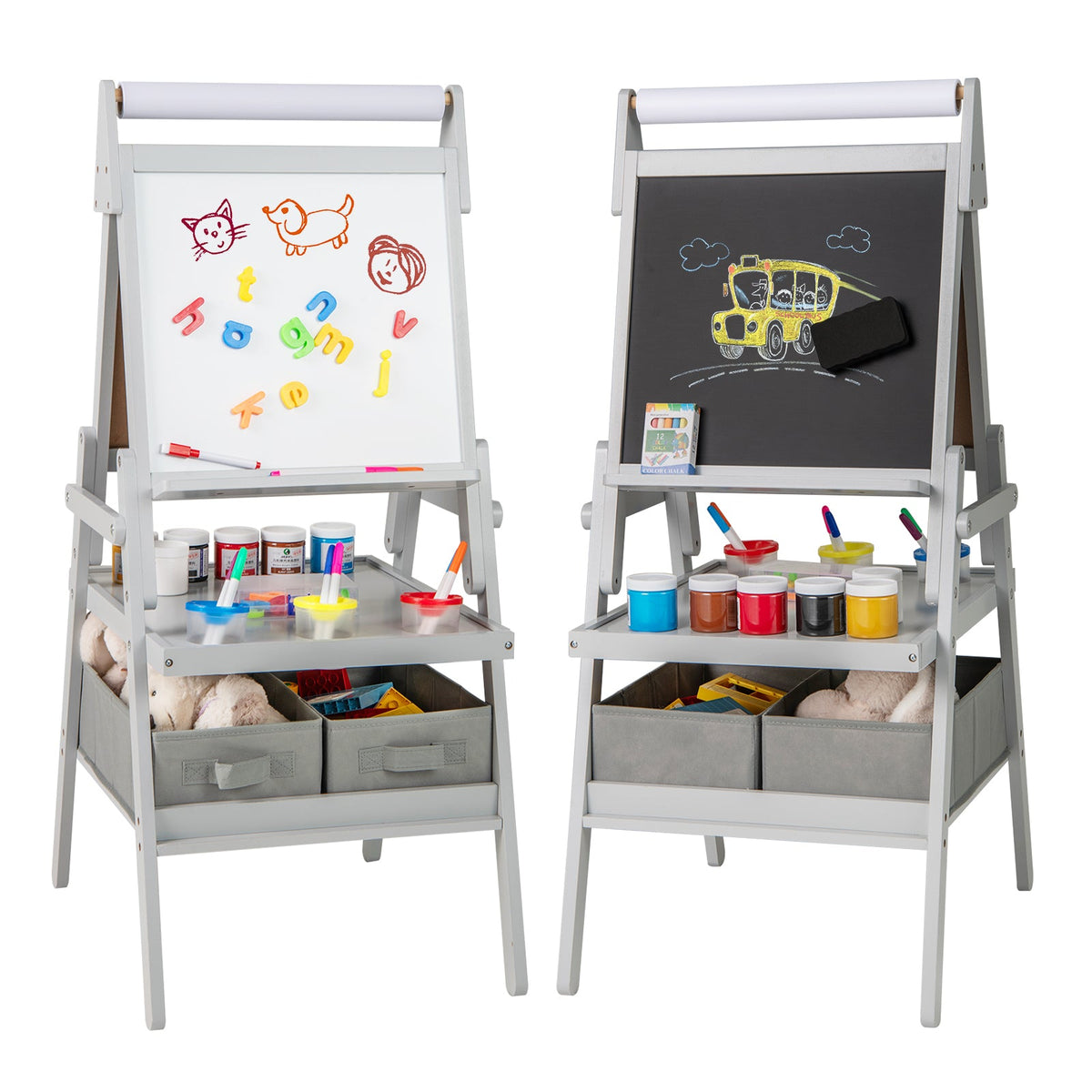 3-in-1 Art Easel for Kids with Magnetic Chalkboard and Whiteboard-Gray