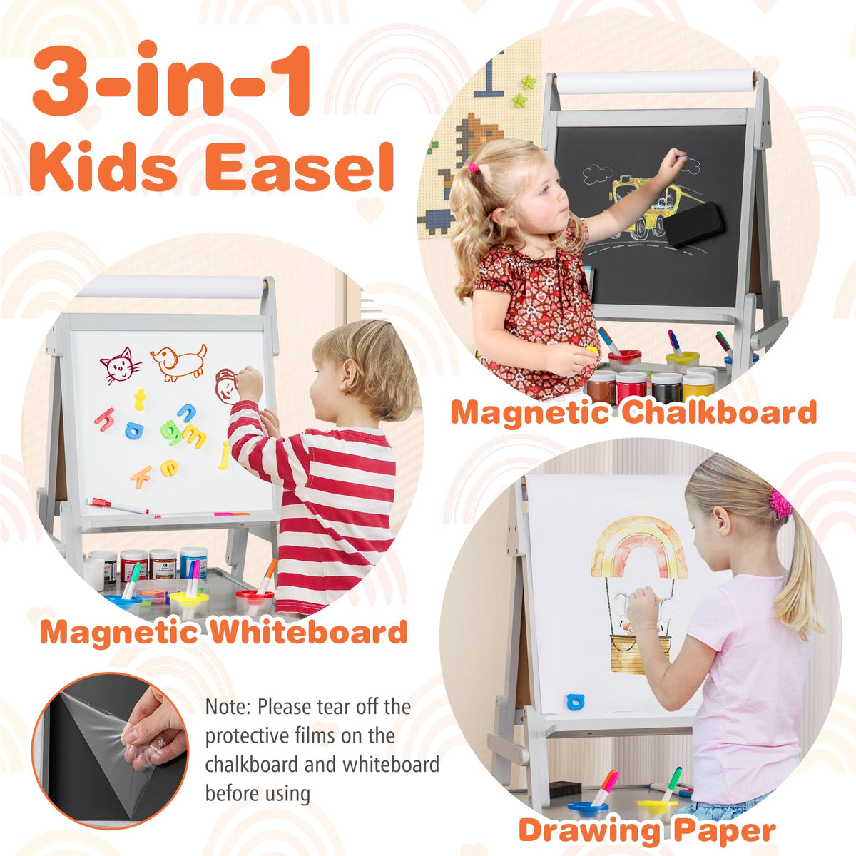 3-in-1 Art Easel for Kids with Magnetic Chalkboard and Whiteboard-Gray