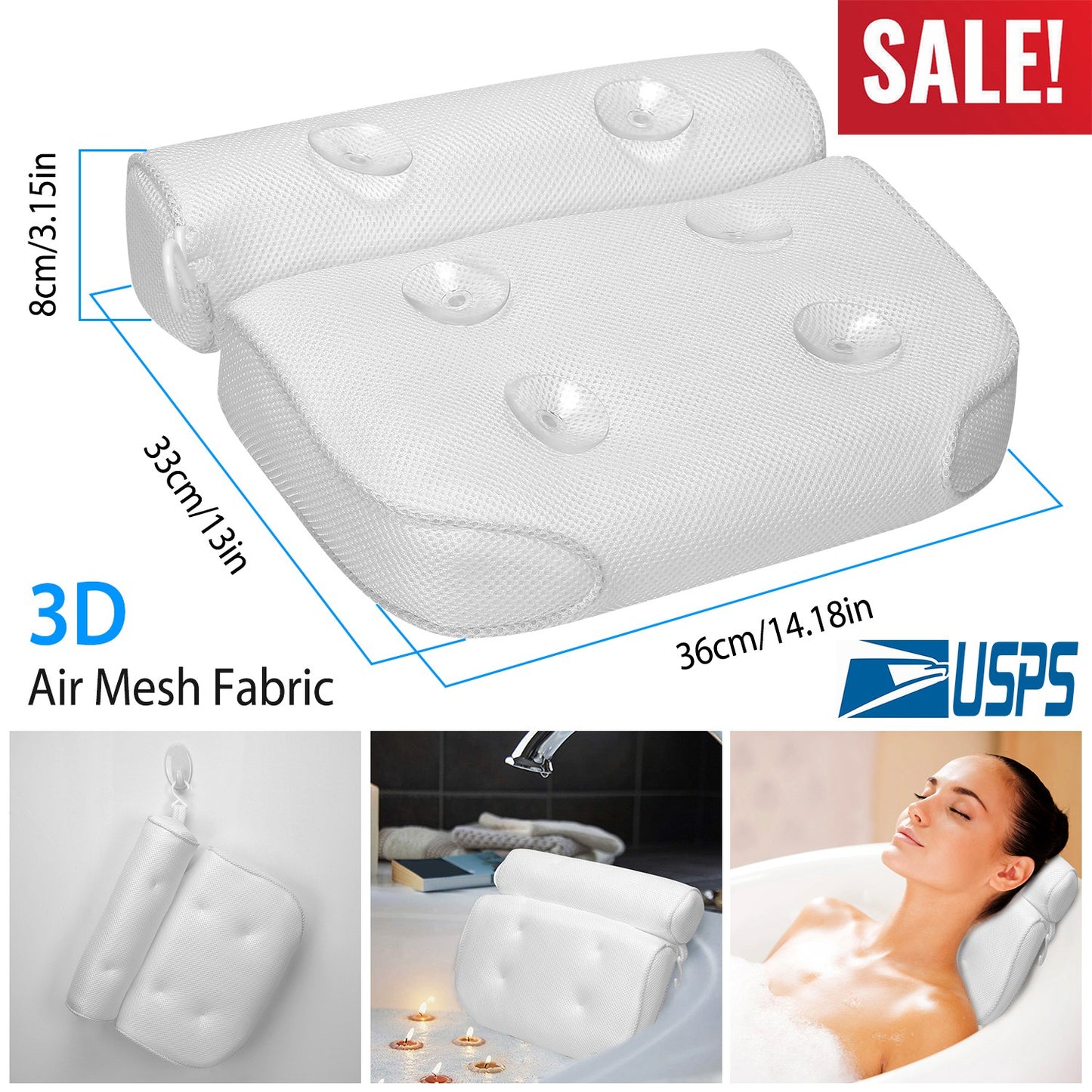 Bath Pillow with Suction Cups for Neck and Head Support