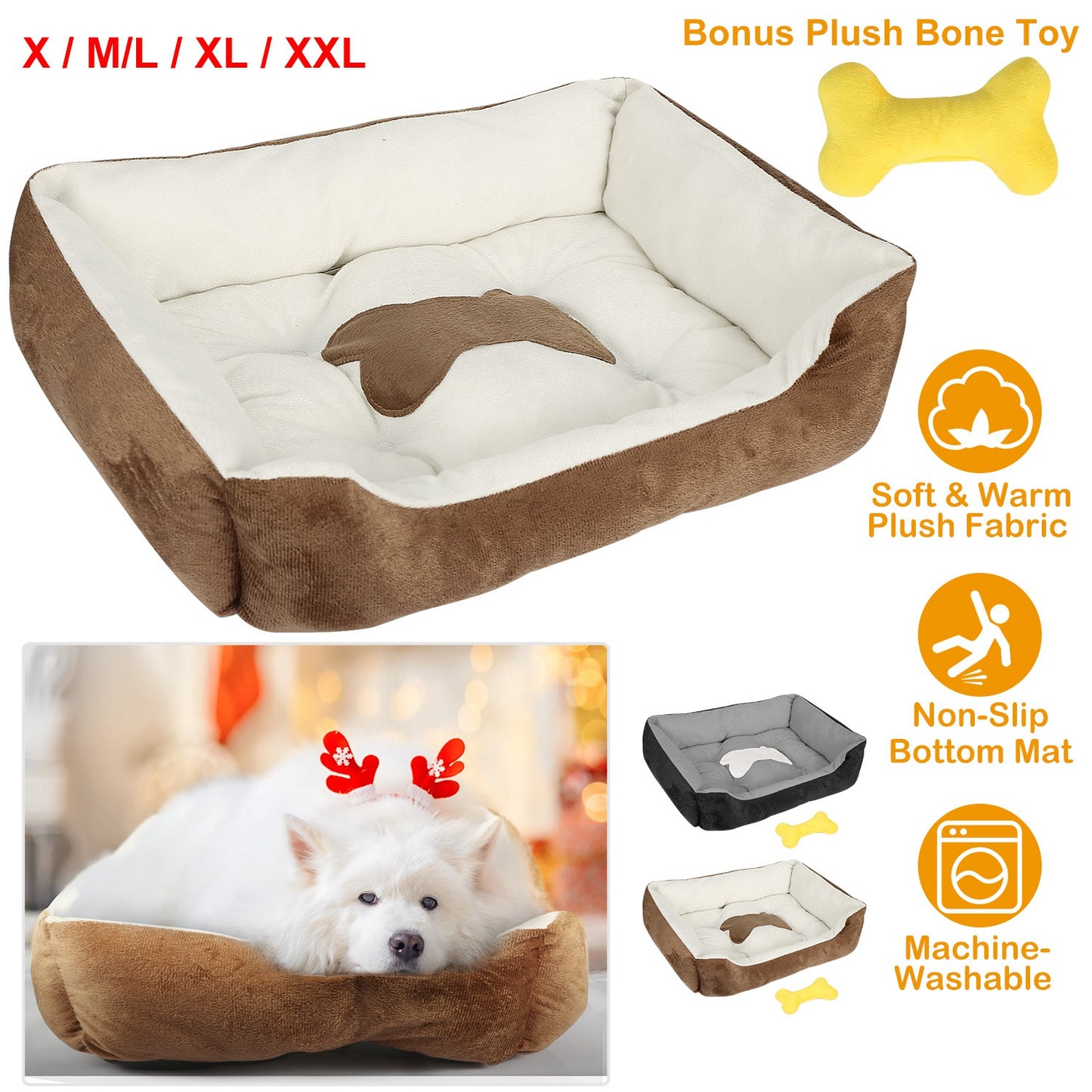 Plush Dog Bed with Non-Slip Bottom & Bonus Toy