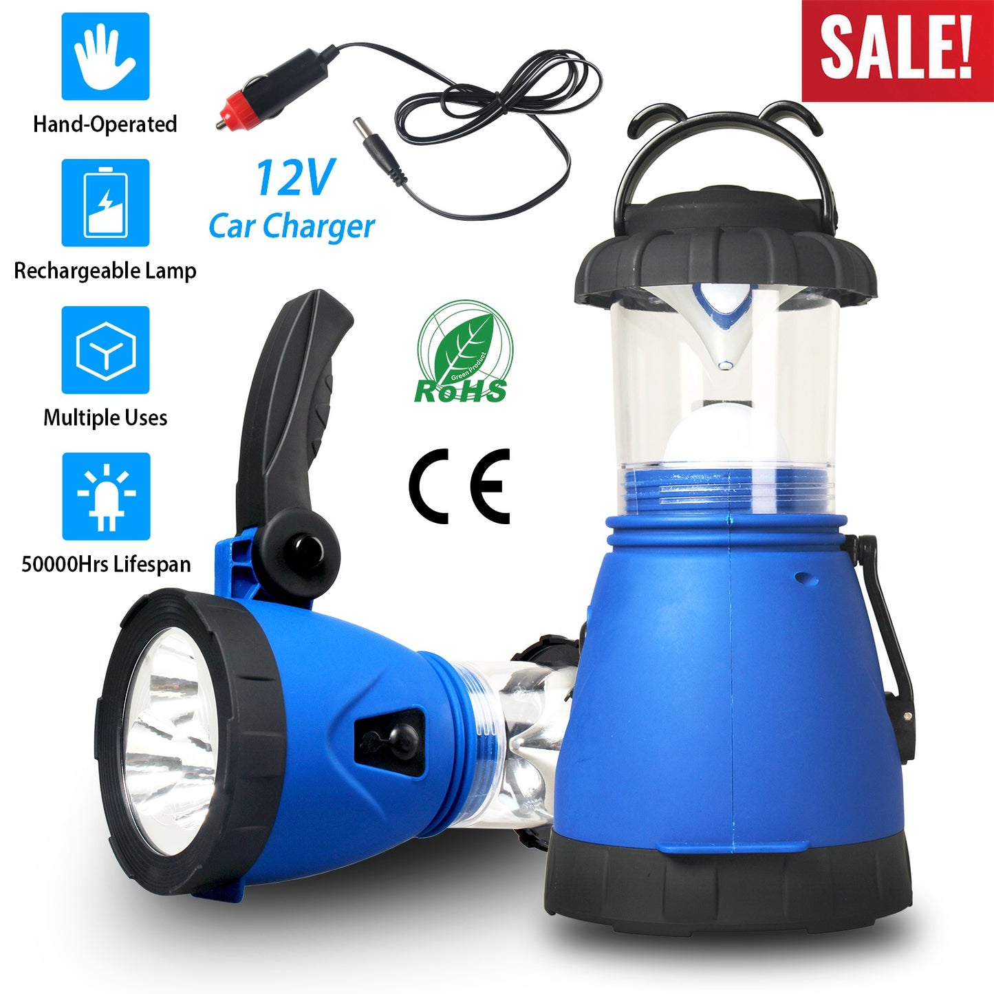 Hand Crank Camping Lantern with Spotlight & Car Charger