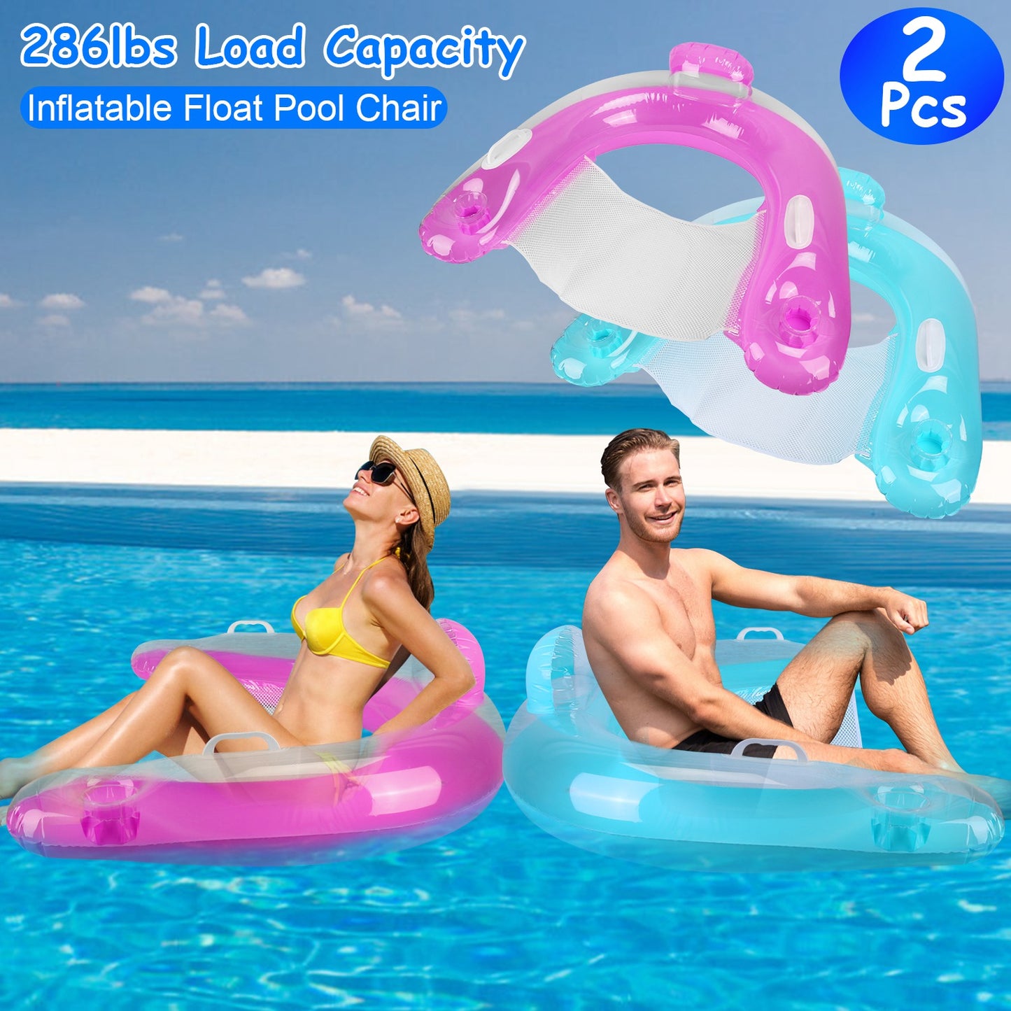Inflatable Pool Float Chair with Cup Holders - 2 Pack