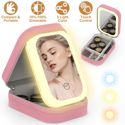 Portable Travel Makeup Bag With LED Mirror Rechargeable Beauty Mirror With 3 Color Light Dimmable Brightness Waterproof Cosmetic Bag With 4 Compartmen