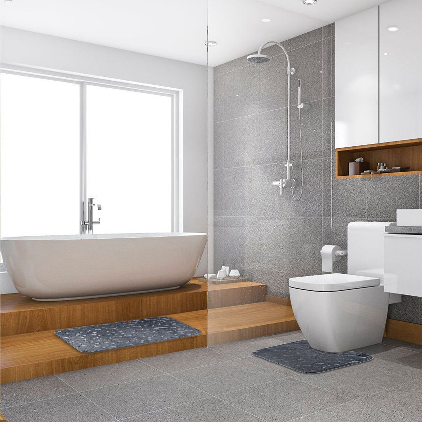 Bathroom Rug Set 2-Piece Non-Slip Flannel Pebble Pattern