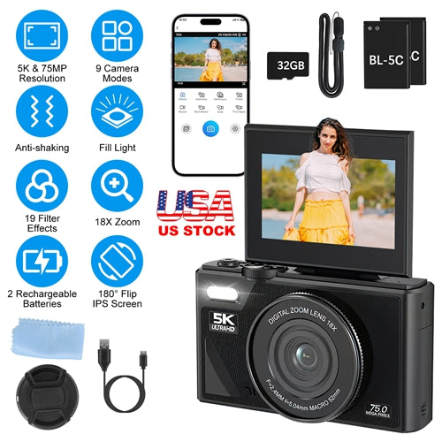5K Digital Camera with 75MP, WiFi & 18X Zoom