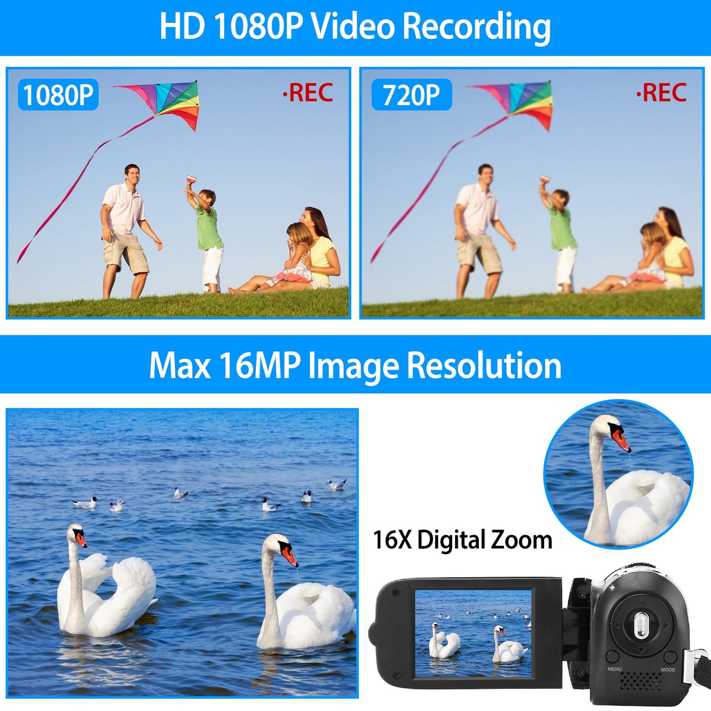 Digital Video Camcorder 1080P HD with 16X Zoom & Fill Light
