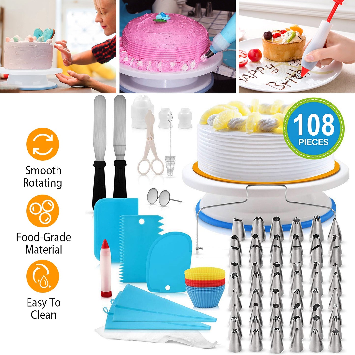 Rotating Cake Turntable with 108-Piece Decorating Kit