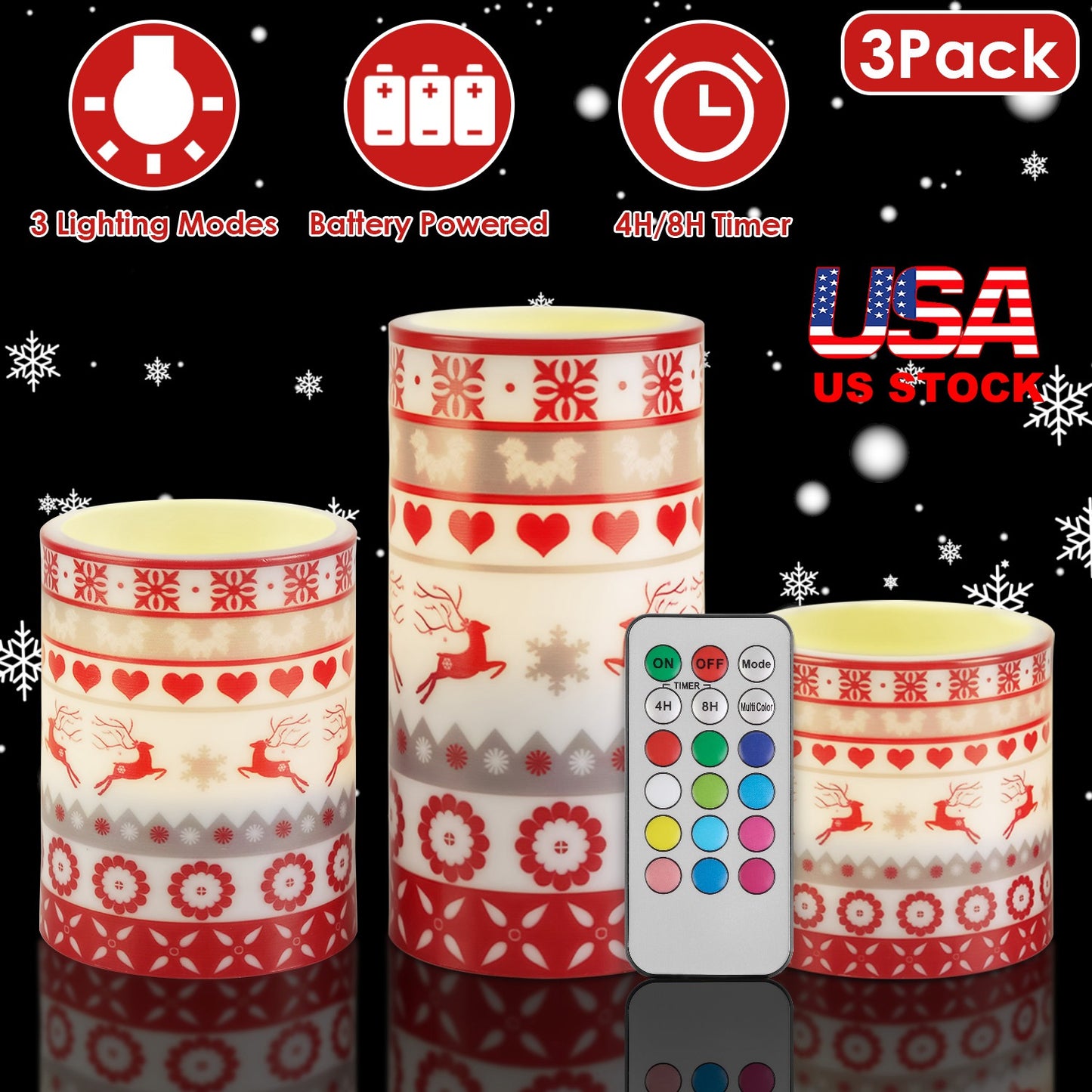 Flameless LED Candles 3-Pack with Remote & Timer - Christmas Deer