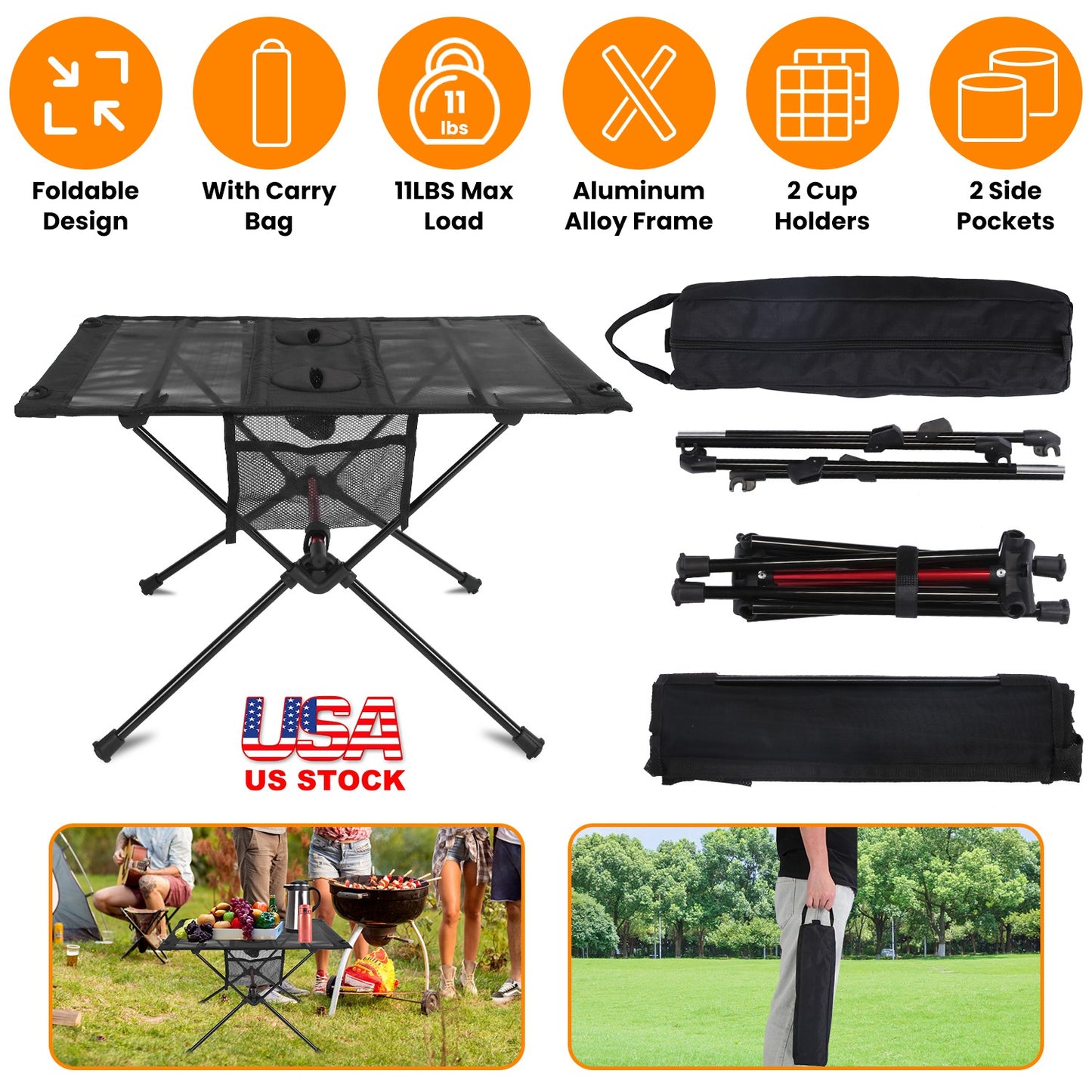 Folding Camping Table with Cup Holders & Carry Bag