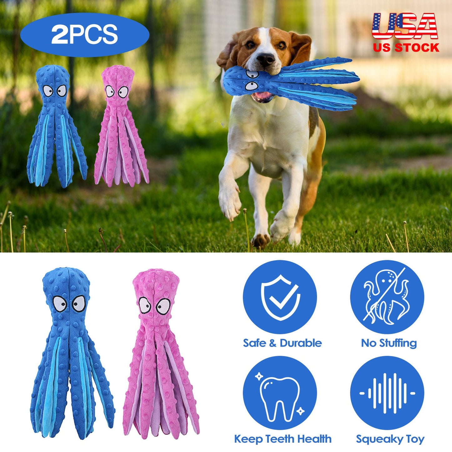 Squeaky Octopus Dog Toy Set - No Stuffing Crinkle Plush