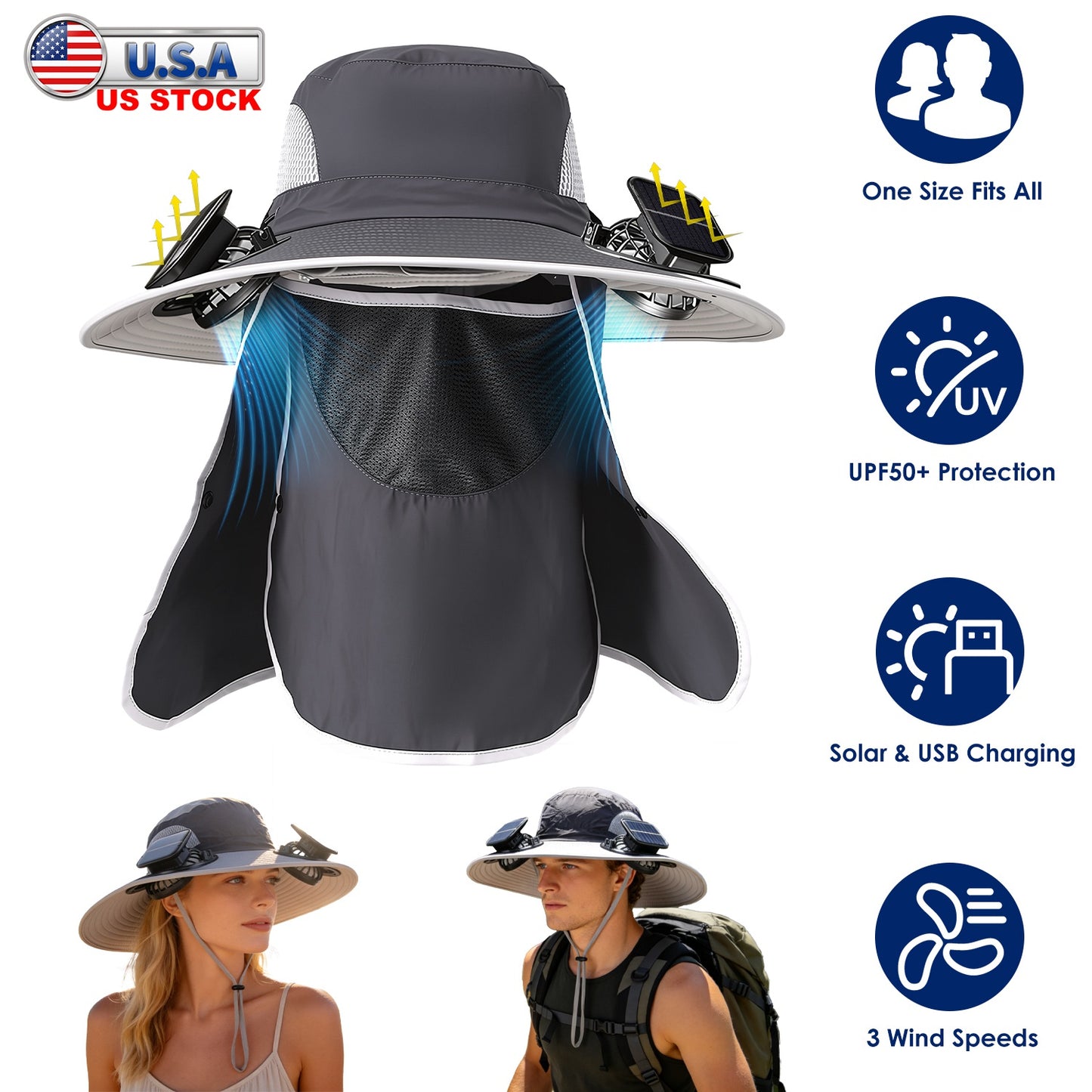Solar Fan Hat with UPF50+ Sun Protection and Neck Flap