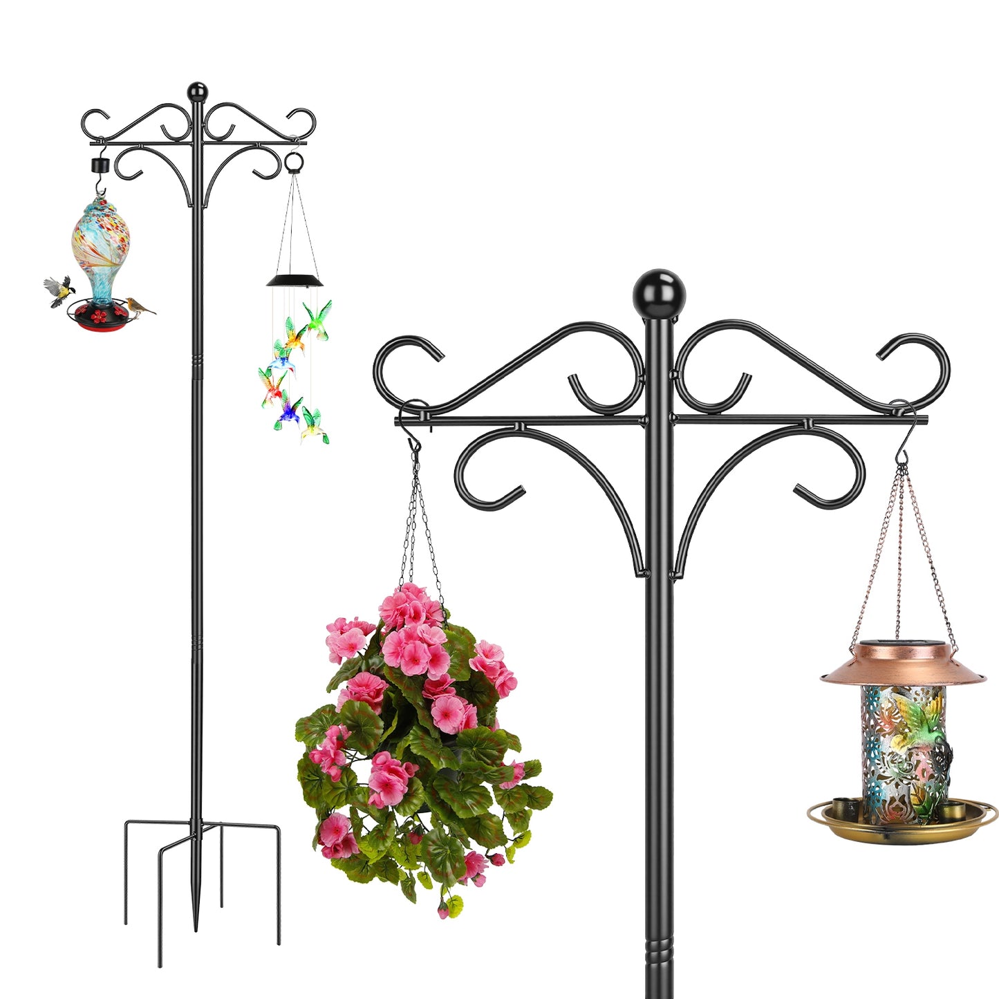 Double Shepherd Hook 76in Adjustable Garden Pole with 5-Prong Base