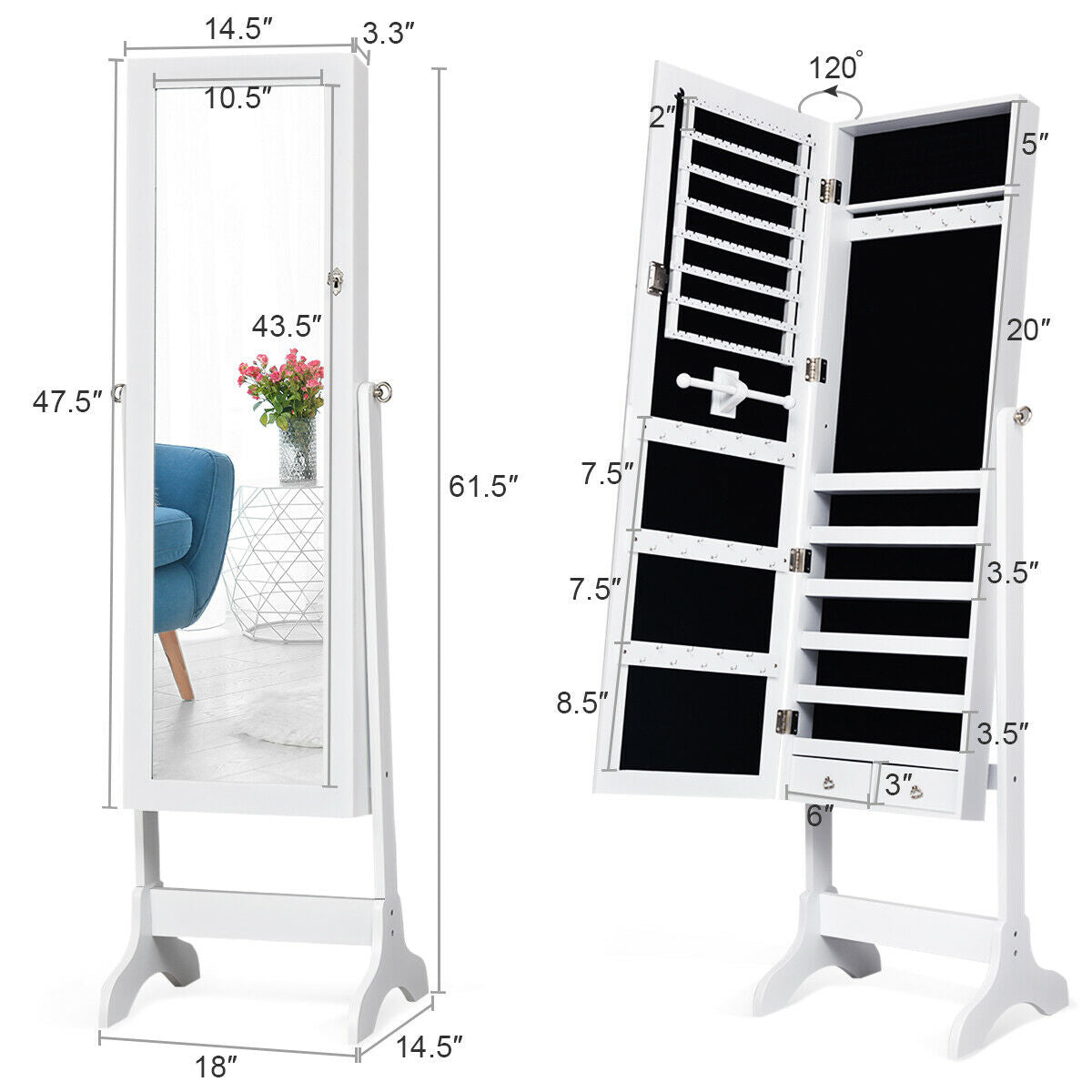 Mirrored Jewelry Armoire Cabinet with Lock - Full Length